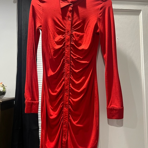 Red Ruched Button-Up Dress - Picture 2 of 2